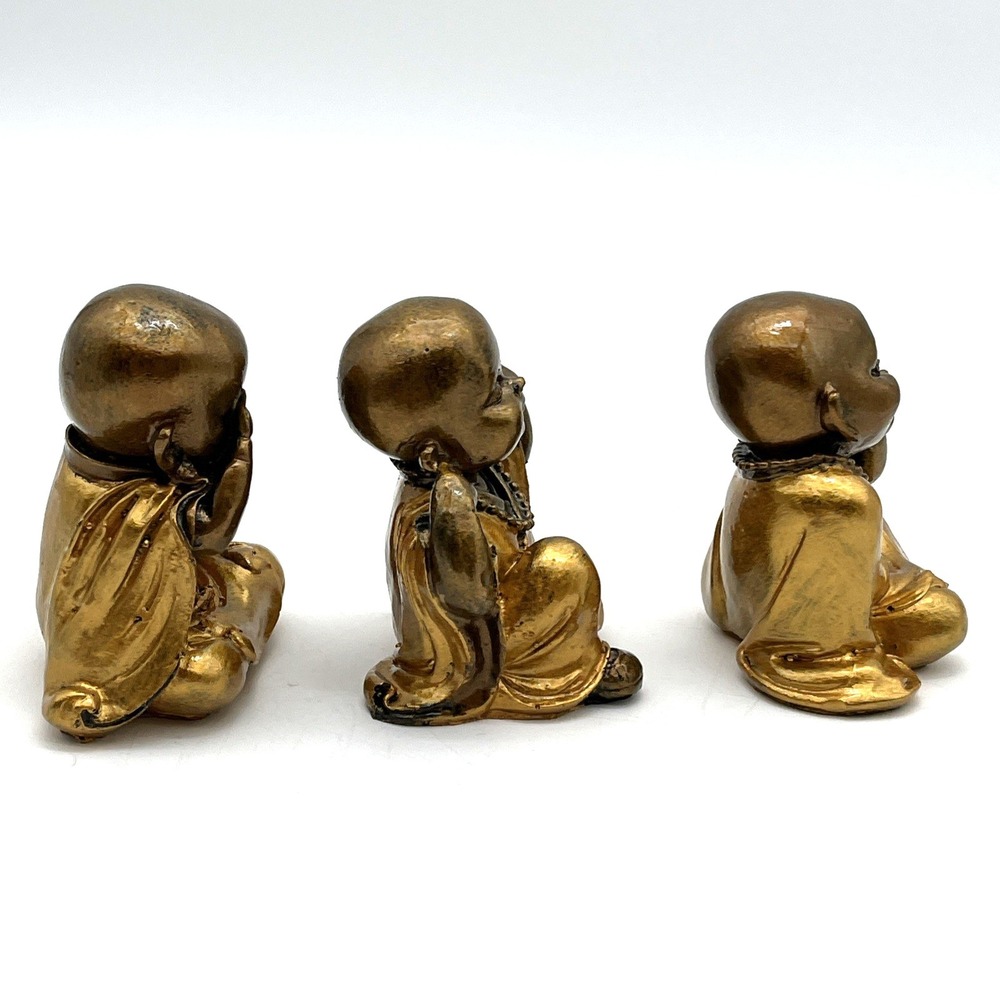 Set of 3 Baby Monk Figurines Hear See Speak No Evil Gold Resin Statues 3" - Picture 9 of 11